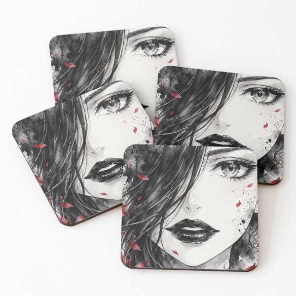 Item preview, Dark Rose Goth Anime Girl - Red Rose Watercolor Portrait Black Lips designed and sold by MAISON SYLVIE.