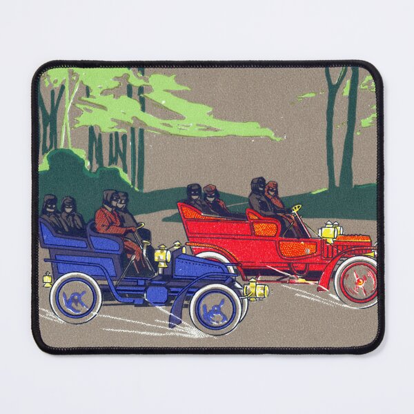 Item preview, Vintage motor race with speeding red and blue cars designed and sold by Pierre de la Mare.