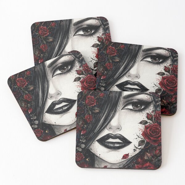 Item preview, Dark Rose Goth Anime Girl - Red Rose Watercolor Portrait Black Lips designed and sold by MAISON SYLVIE.