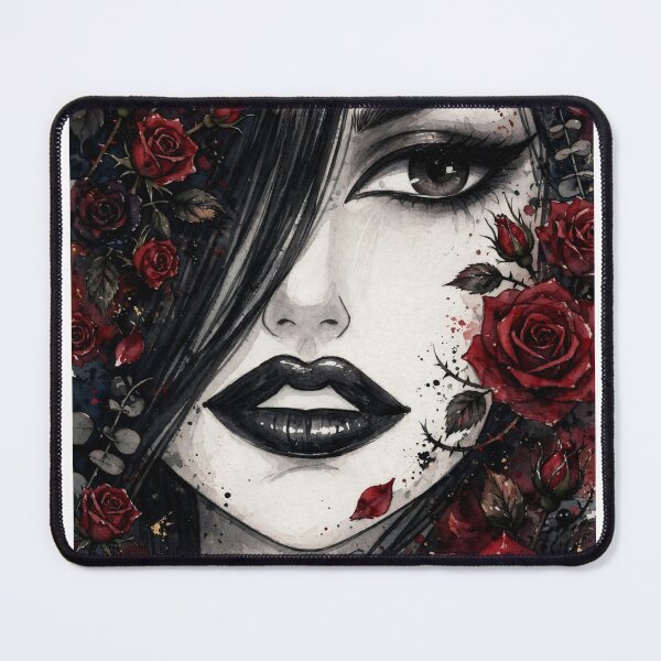 Item preview, Dark Rose Goth Anime Girl - Red Rose Watercolor Portrait Black Lips designed and sold by MAISON SYLVIE.