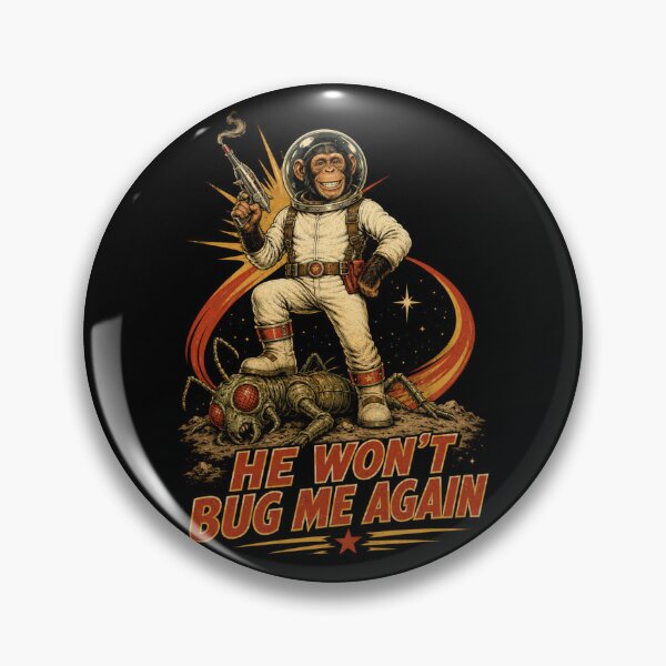 Item preview, He Won't Bug Me Again – Retro Space Chimp vs Giant Bug designed and sold by Quantum Fashion.