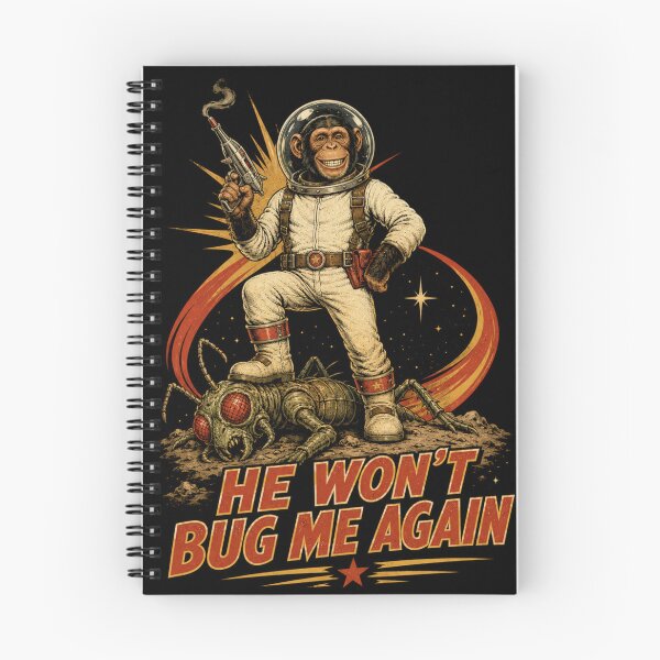 Item preview, He Won't Bug Me Again – Retro Space Chimp vs Giant Bug designed and sold by Quantum Fashion.