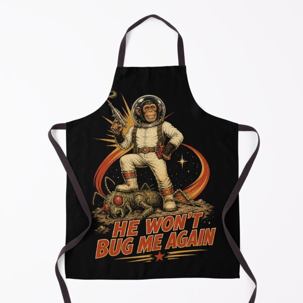 Item preview, He Won't Bug Me Again – Retro Space Chimp vs Giant Bug designed and sold by Quantum Fashion.