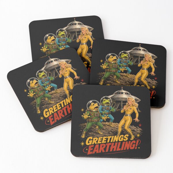 Item preview, Greetings Earthling! – Retro Frog Aliens & Flying Saucer designed and sold by Quantum Fashion.
