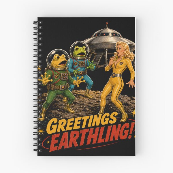 Item preview, Greetings Earthling! – Retro Frog Aliens & Flying Saucer designed and sold by Quantum Fashion.