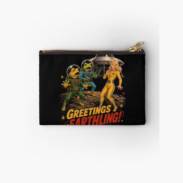 Item preview, Greetings Earthling! – Retro Frog Aliens & Flying Saucer designed and sold by Quantum Fashion.
