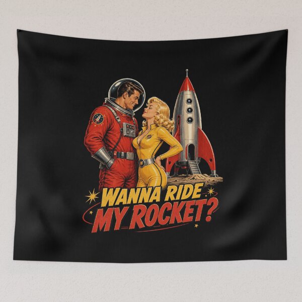 Item preview, Wanna Ride My Rocket? – Retro Sci-Fi Astronaut Couple designed and sold by Quantum Fashion.