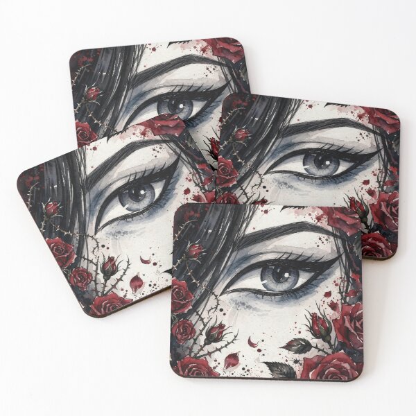 Item preview, Blue Eye Gothic Anime Girl - Red Roses Watercolor Portrait White Background designed and sold by MAISON SYLVIE.