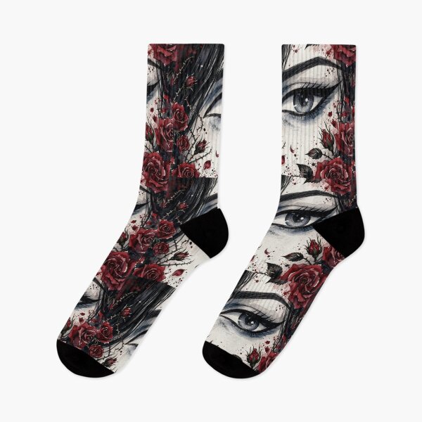 Item preview, Blue Eye Gothic Anime Girl - Red Roses Watercolor Portrait White Background designed and sold by MAISON SYLVIE.