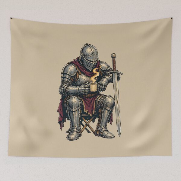 Item preview, Coffee Break Knight – Medieval Warrior Resting with a Hot Drink designed and sold by VioVibe.