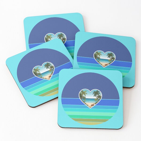 Item preview, Tropical Beach in Heart with Palm Trees and Coconuts on Retro Ocean Stripes designed and sold by Beachy.