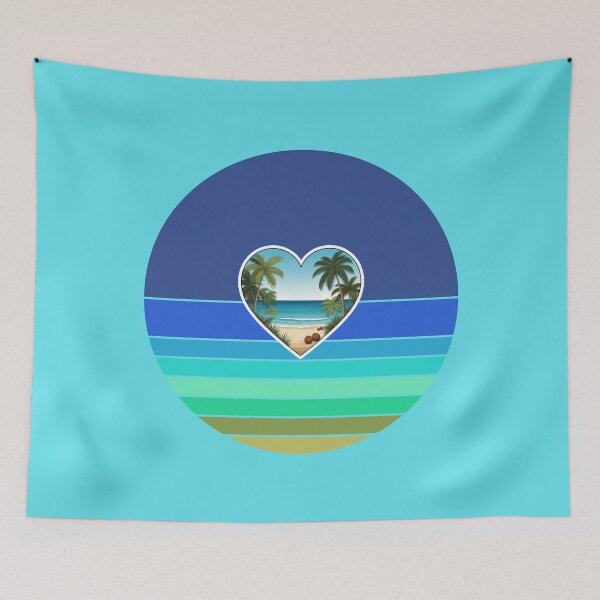Item preview, Tropical Beach in Heart with Palm Trees and Coconuts on Retro Ocean Stripes designed and sold by Beachy.