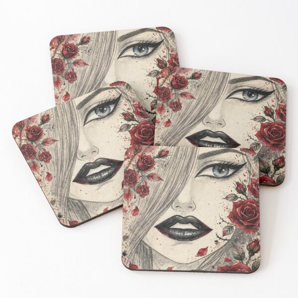 Item preview, Blue Eye Goth Anime Girl - Red Roses Watercolor Portrait White BG designed and sold by MAISON SYLVIE.