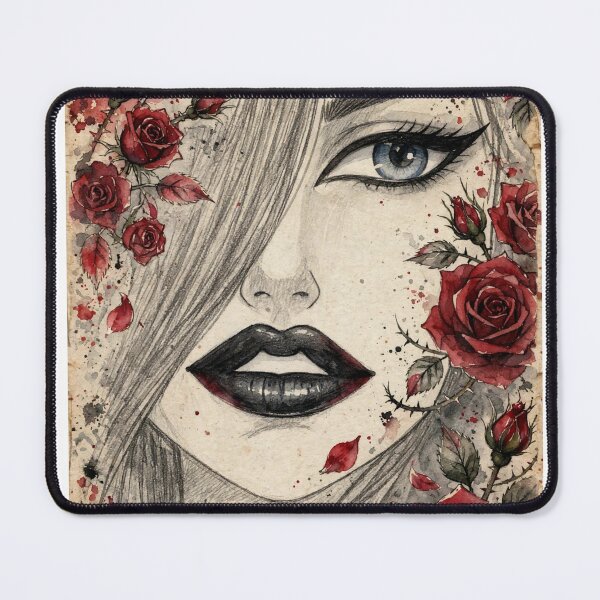 Item preview, Blue Eye Goth Anime Girl - Red Roses Watercolor Portrait White BG designed and sold by MAISON SYLVIE.