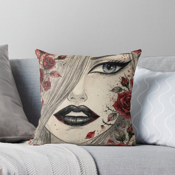 Item preview, Blue Eye Goth Anime Girl - Red Roses Watercolor Portrait White BG designed and sold by MAISON SYLVIE.