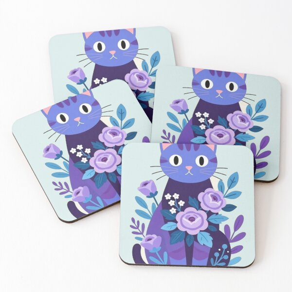 Item preview, Purple Floral Cat Illustration – Cute Botanical Tabby Cat Art designed and sold by BLUESKY11a.