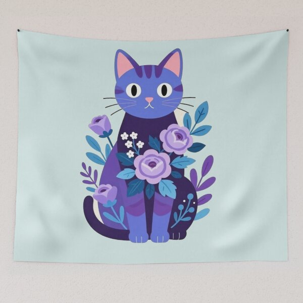 Item preview, Purple Floral Cat Illustration – Cute Botanical Tabby Cat Art designed and sold by BLUESKY11a.