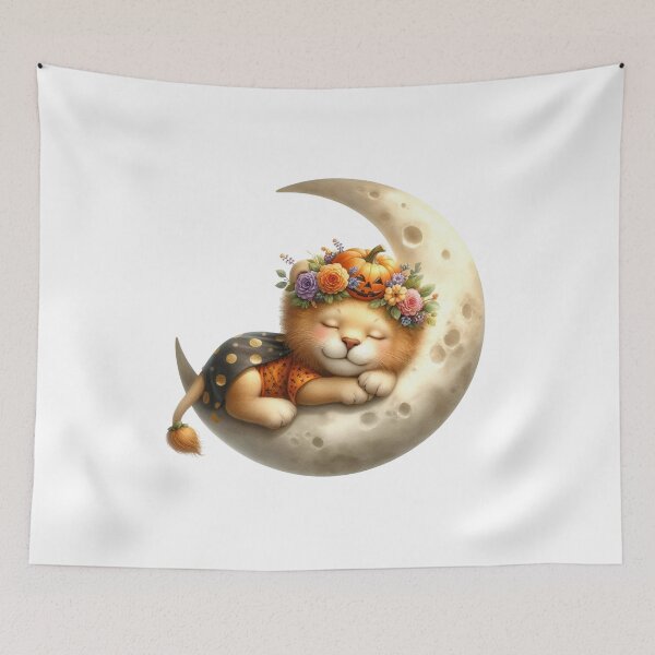 Item preview, Cute Halloween Cat Sleeping On Moon With Pumpkin Flower Crown designed and sold by Merchrise.