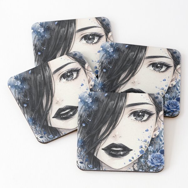 Item preview, Blue Floral Goth Anime Girl - Light Blue Rose Watercolor Portrait designed and sold by MAISON SYLVIE.