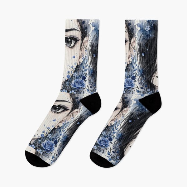 Item preview, Blue Floral Goth Anime Girl - Light Blue Rose Watercolor Portrait designed and sold by MAISON SYLVIE.