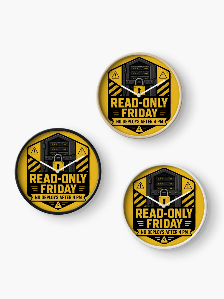 Thumbnail 3 of 4, Clock, Read Only Friday No Friday Deploys Sysadmin DevOps designed and sold by ThirdShiftLab.