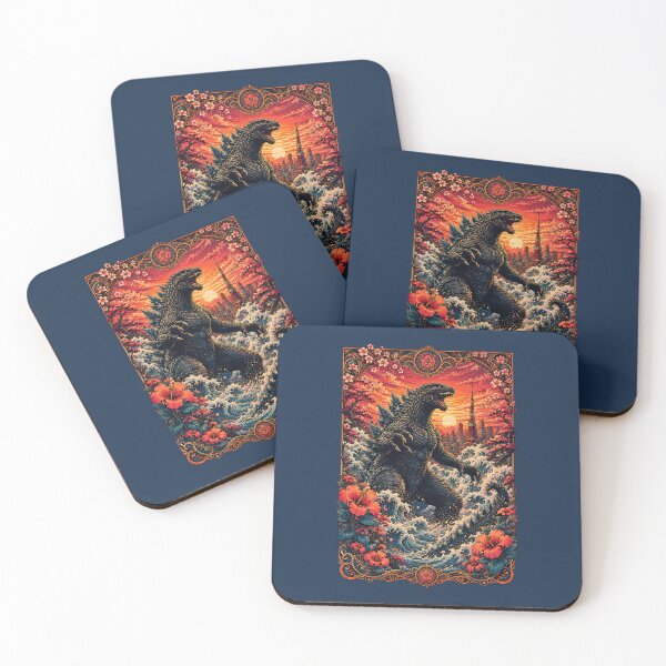 Item preview, Godzilla Kaiju Rising Through Tokyo Sunset Waves Poster designed and sold by BorgSpareParts.