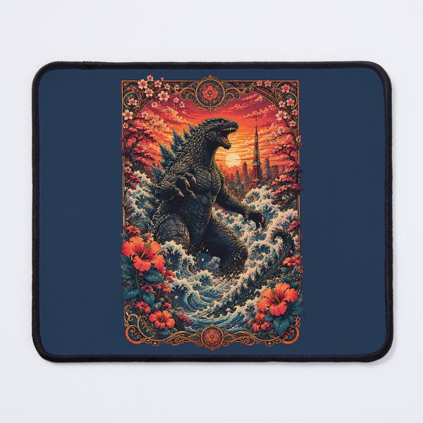Item preview, Godzilla Kaiju Rising Through Tokyo Sunset Waves Poster designed and sold by BorgSpareParts.