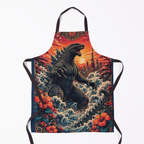 Item preview, Godzilla Kaiju Rising Through Tokyo Sunset Waves Poster designed and sold by BorgSpareParts.