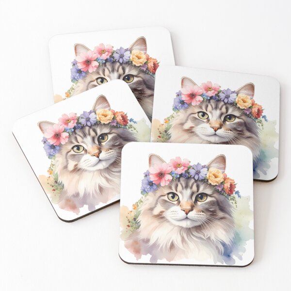 Item preview, Fluffy Cat Wearing Flower Crown Watercolor Portrait designed and sold by BetweenForms.