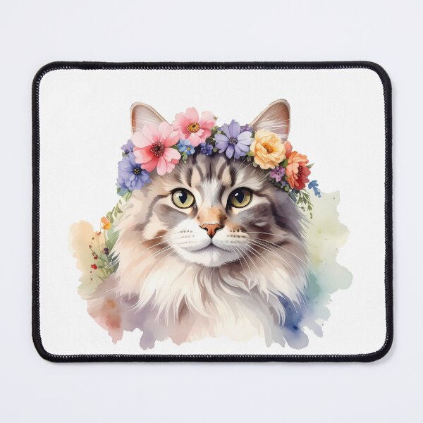 Item preview, Fluffy Cat Wearing Flower Crown Watercolor Portrait designed and sold by BetweenForms.