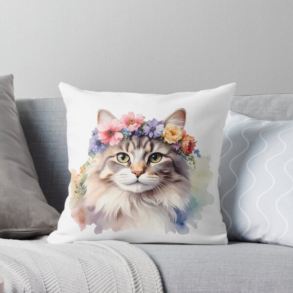 Item preview, Fluffy Cat Wearing Flower Crown Watercolor Portrait designed and sold by BetweenForms.