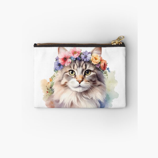 Item preview, Fluffy Cat Wearing Flower Crown Watercolor Portrait designed and sold by BetweenForms.