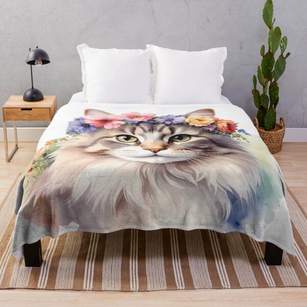 Item preview, Fluffy Cat Wearing Flower Crown Watercolor Portrait designed and sold by BetweenForms.