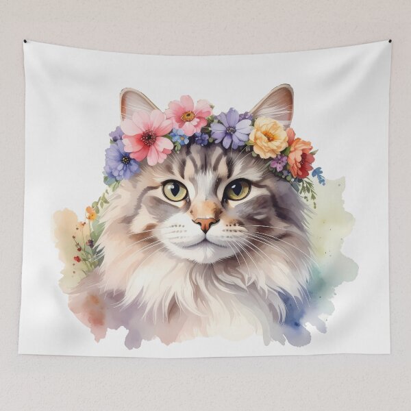 Item preview, Fluffy Cat Wearing Flower Crown Watercolor Portrait designed and sold by BetweenForms.