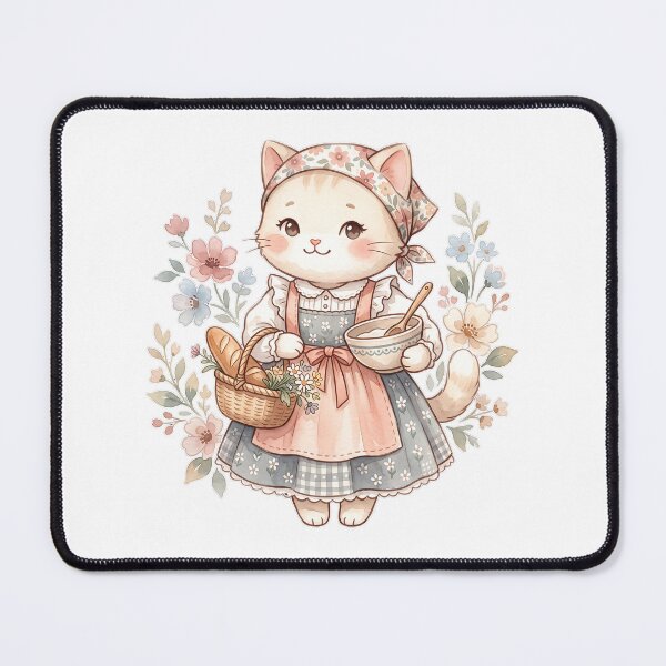 Item preview, Kawaii Cottagecore Cat Baker: Fresh Bread & Flowers designed and sold by CuteKats.