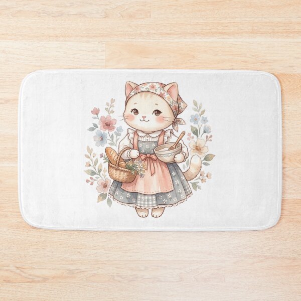 Item preview, Kawaii Cottagecore Cat Baker: Fresh Bread & Flowers designed and sold by CuteKats.