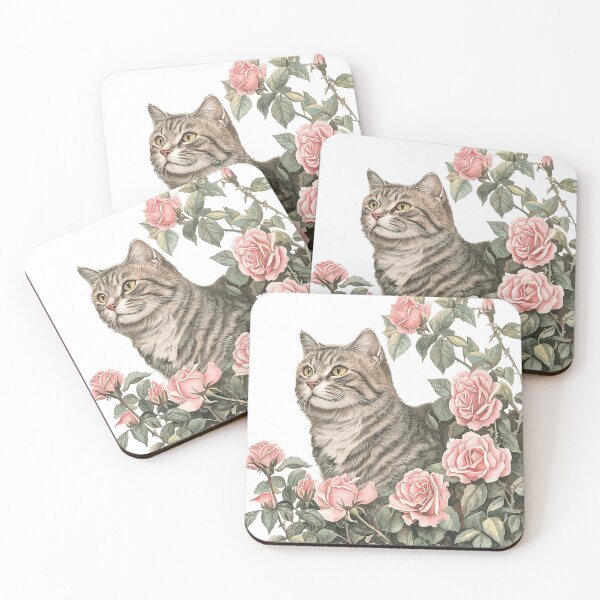 Item preview, Vintage Tabby Cat Among Pink Roses – Botanical Cat Garden 15 Tags: designed and sold by Awarrie.