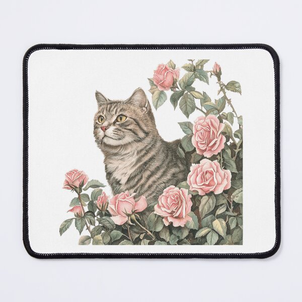 Item preview, Vintage Tabby Cat Among Pink Roses – Botanical Cat Garden 15 Tags: designed and sold by Awarrie.