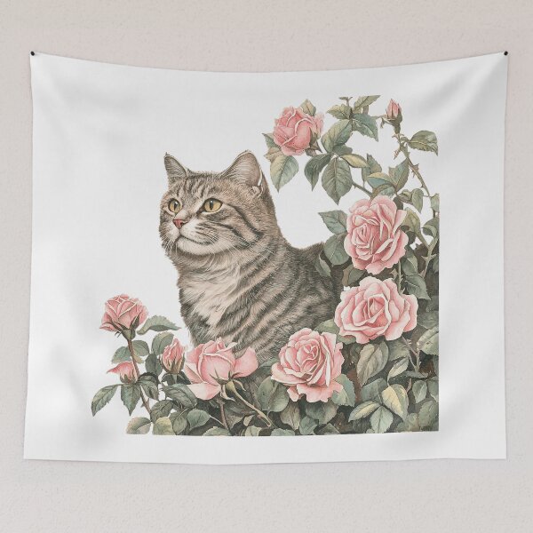 Item preview, Vintage Tabby Cat Among Pink Roses – Botanical Cat Garden 15 Tags: designed and sold by Awarrie.