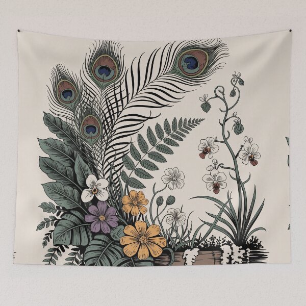 Item preview, Boho Peacock Feather Floral Illustration Print designed and sold by NuvoraNest.