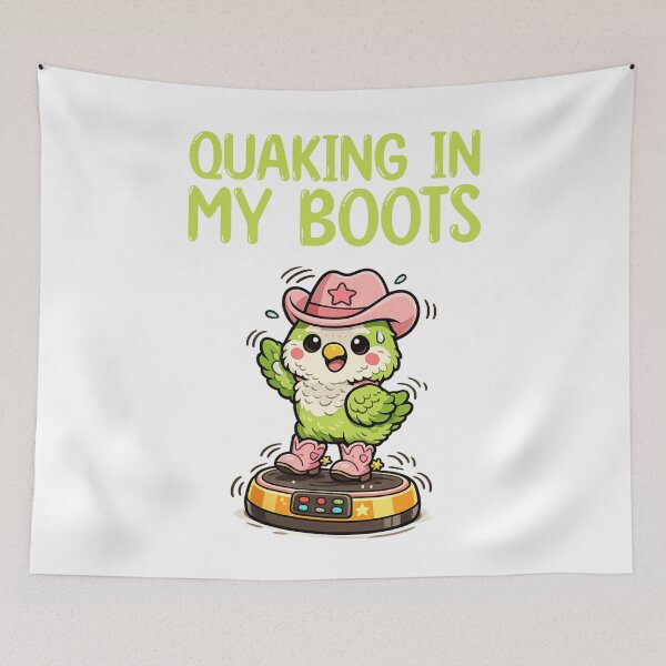 Item preview, Quaking in my boots, quaker bird wearing cowboy boots on exercise plate designed and sold by BritishDelights.