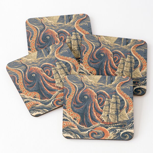 Item preview, Japanese Ukiyo-e Kraken Lighthouse Linocut Woodcut Ocean Adventure Art designed and sold by GrinGalore.