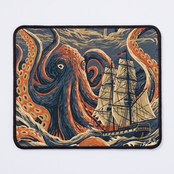 Item preview, Japanese Ukiyo-e Kraken Lighthouse Linocut Woodcut Ocean Adventure Art designed and sold by GrinGalore.
