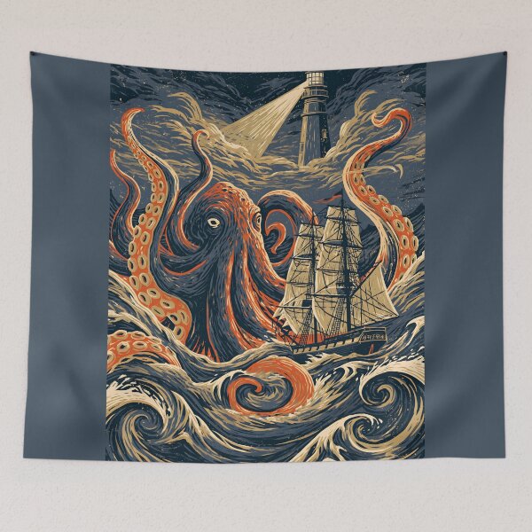 Item preview, Japanese Ukiyo-e Kraken Lighthouse Linocut Woodcut Ocean Adventure Art designed and sold by GrinGalore.