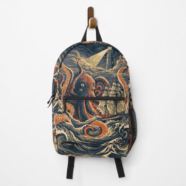 Item preview, Japanese Ukiyo-e Kraken Lighthouse Linocut Woodcut Ocean Adventure Art designed and sold by GrinGalore.