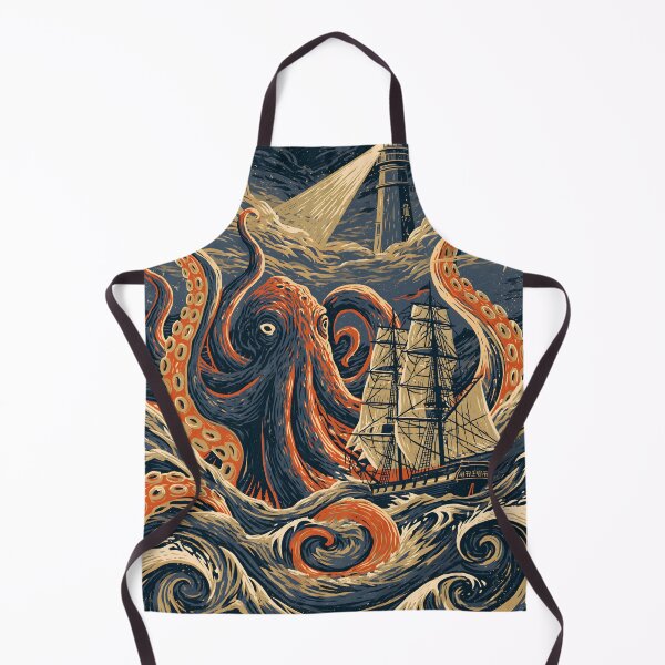Item preview, Japanese Ukiyo-e Kraken Lighthouse Linocut Woodcut Ocean Adventure Art designed and sold by GrinGalore.