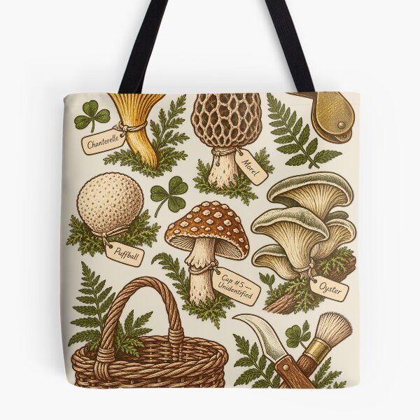 Item preview, Mushroom Forager's Kit Hand Carved Linocut Illustration designed and sold by Czajnikolandia.