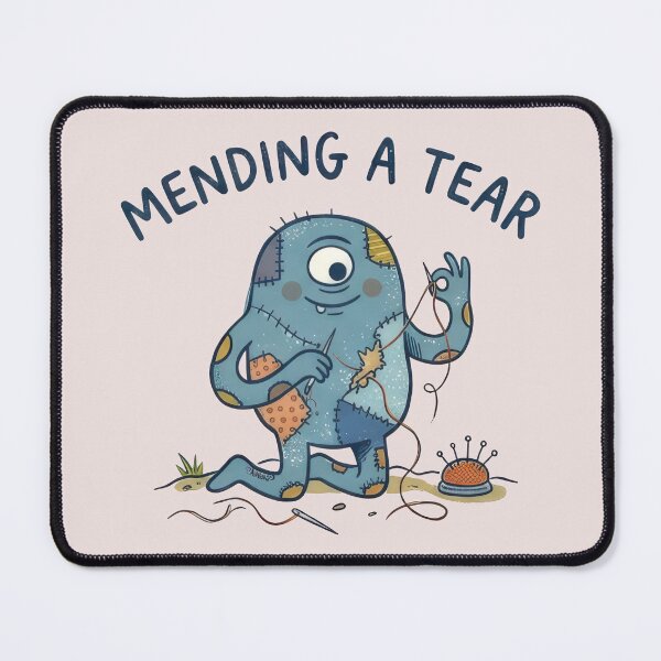 Item preview, Mending a Tear - Cute Naive Creature Sewing Himself designed and sold by TontikDesign.