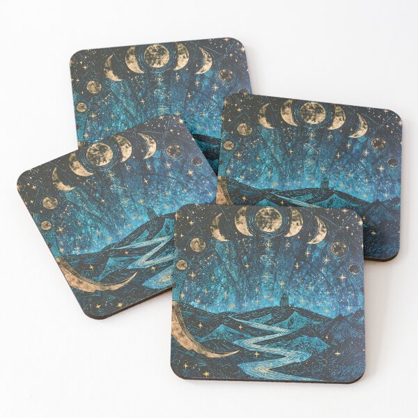 Item preview, Celestial Moon Phases Lighthouse Mystical Linocut Night Sky Woodcut Art designed and sold by GrinGalore.