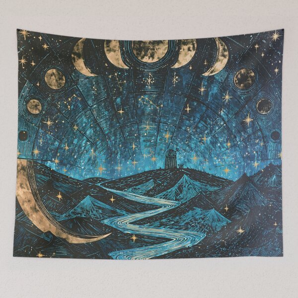 Item preview, Celestial Moon Phases Lighthouse Mystical Linocut Night Sky Woodcut Art designed and sold by GrinGalore.